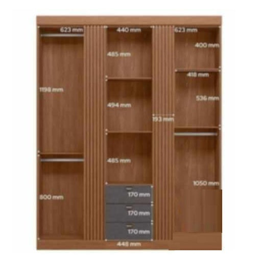 A wooden cabinet with three doors and three drawer, highlighting its elegant craftsmanship and functional storage.
