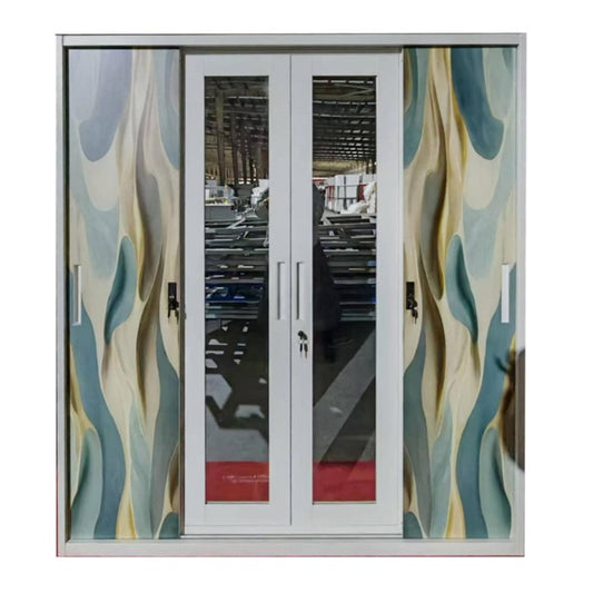 A white wardrobe featuring a delicate design on its door, adding a touch of nature to the furniture.