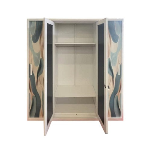 A white wardrobe featuring a delicate design on its door, adding a touch of nature to the furniture.