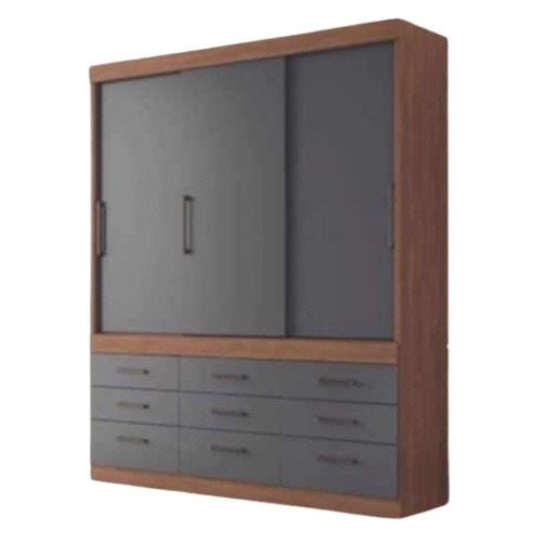 A wooden cabinet with three doors and nine drawer, highlighting its elegant craftsmanship and functional storage.