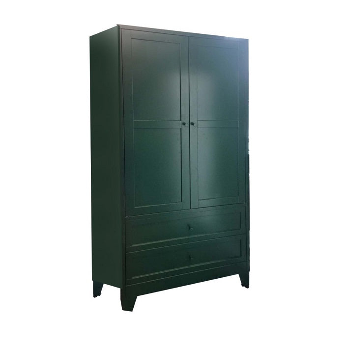 A tall green steel cabinet featuring multiple drawers and doors, showcasing a sleek and modern design.