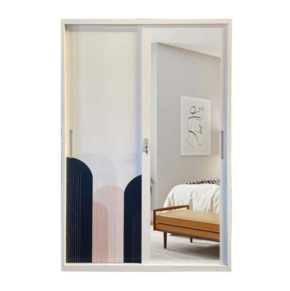 A white wardrobe featuring a delicate design on its door, adding a touch of nature to the furniture.