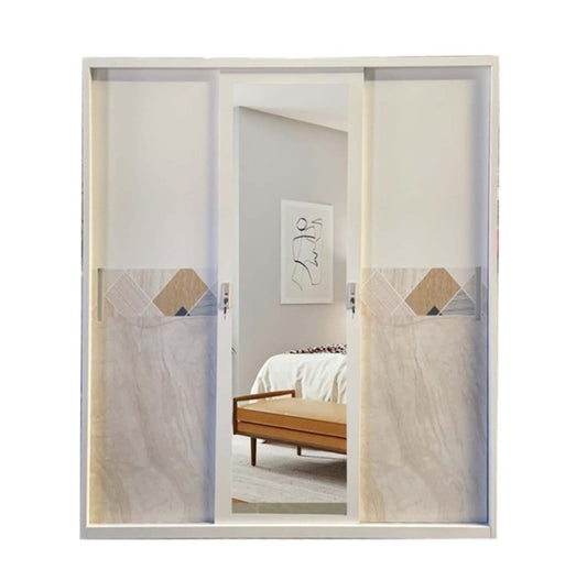 A white wardrobe featuring a delicate design on its door, adding a touch of nature to the furniture.