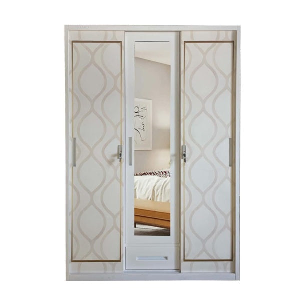 A white wardrobe featuring a delicate design on its door, adding a touch of nature to the furniture.
