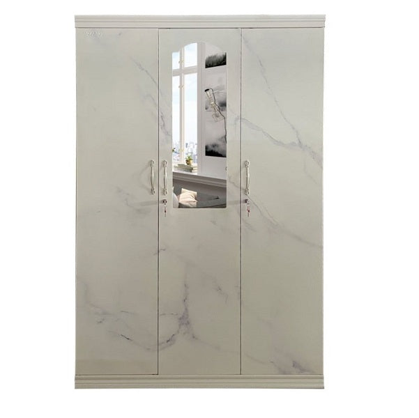 Three door steel wardrobe cabinets featuring a mirror, showcasing a stylish design and white finish.