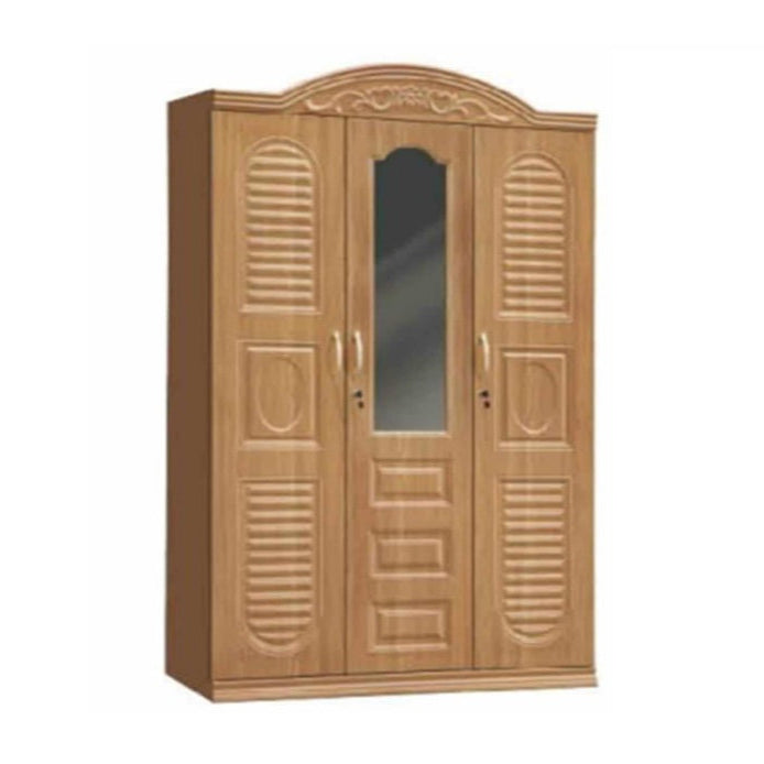 A metal armoire with three doors and a mirror, exemplifying traditional craftsmanship and style.