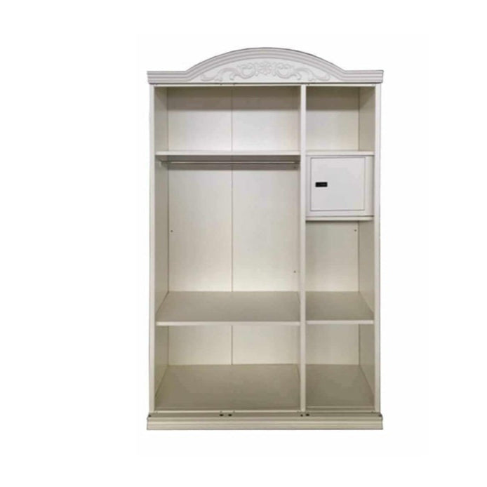 A metal armoire with three doors and a mirror, exemplifying traditional craftsmanship and style.