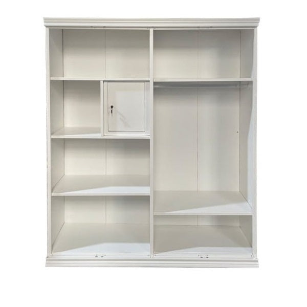 A steel cabinet featuring a sleek mirror on its door, reflecting a stylish and elegant design.