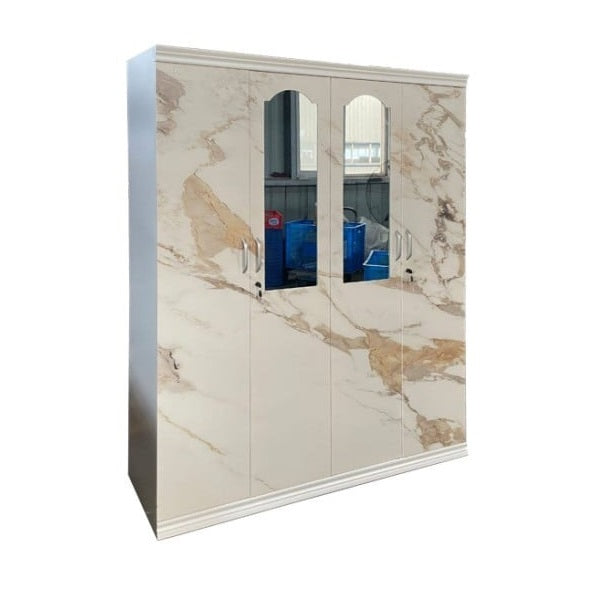 A steel cabinet featuring a sleek mirror on its door, reflecting a stylish and elegant design.