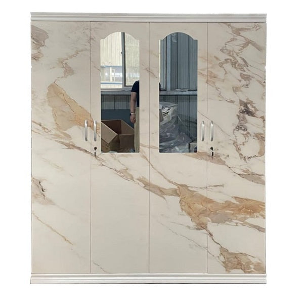 A steel cabinet featuring a sleek mirror on its door, reflecting a stylish and elegant design.