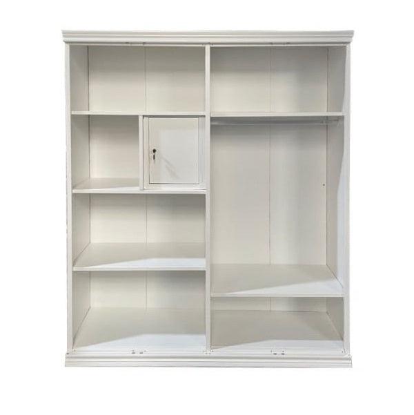 A steel cabinet featuring a sleek mirror on its door, reflecting a stylish and elegant design.