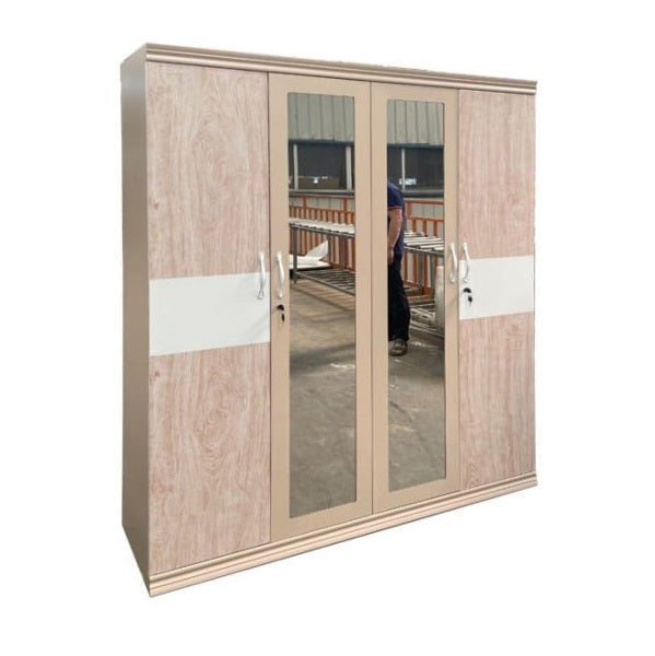 A steel cabinet featuring a sleek mirror on its door, reflecting a stylish and elegant design.