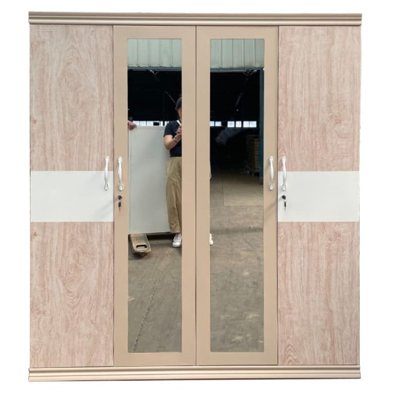 A steel cabinet featuring a sleek mirror on its door, reflecting a stylish and elegant design.