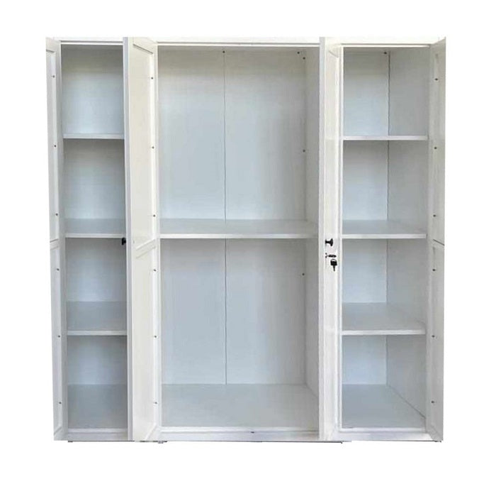 A stylish white wardrobe with four doors and four handles, perfect for organizing clothing and enhancing room décor.