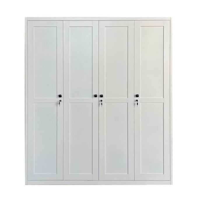 A stylish white wardrobe with four doors and four handles, perfect for organizing clothing and enhancing room décor.
