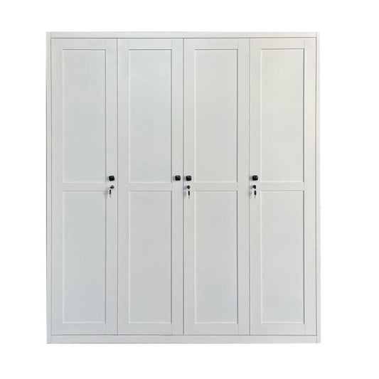 A stylish white wardrobe with four doors and four handles, perfect for organizing clothing and enhancing room décor.
