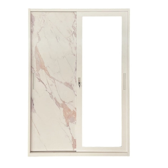 Elegant white marble sliding door with a mirror, blending classic and contemporary architectural elements.