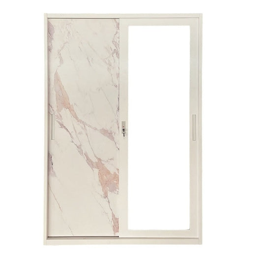 Elegant white marble sliding door with a mirror, blending classic and contemporary architectural elements.