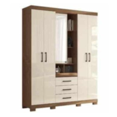 A wooden cabinet with five doors and three drawer, highlighting its elegant craftsmanship and functional storage.