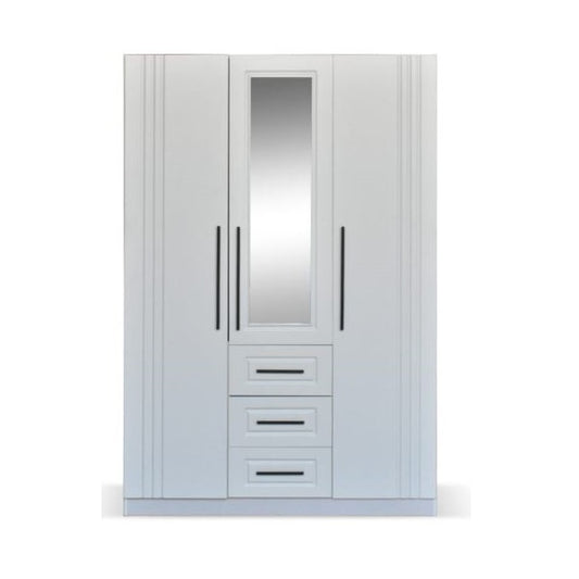 Three door wardrobe cabinets featuring drawers & a mirror, showcasing a classic design and white finish.