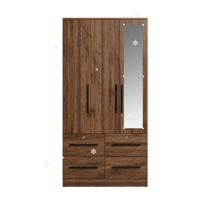A stylish wooden wardrobe with three doors and an elegant mirror for added functionality.