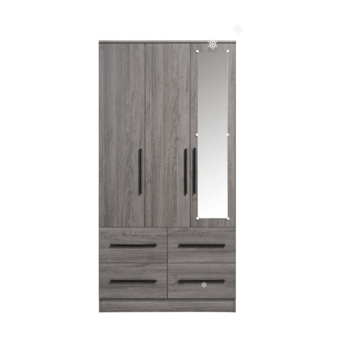 A stylish wooden wardrobe with three doors and an elegant mirror for added functionality.