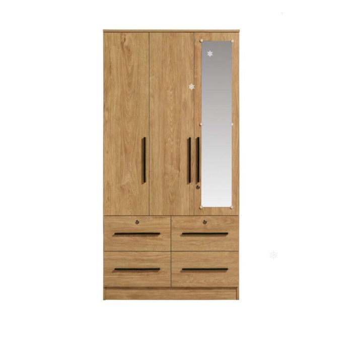 A stylish wooden wardrobe with three doors and an elegant mirror for added functionality.