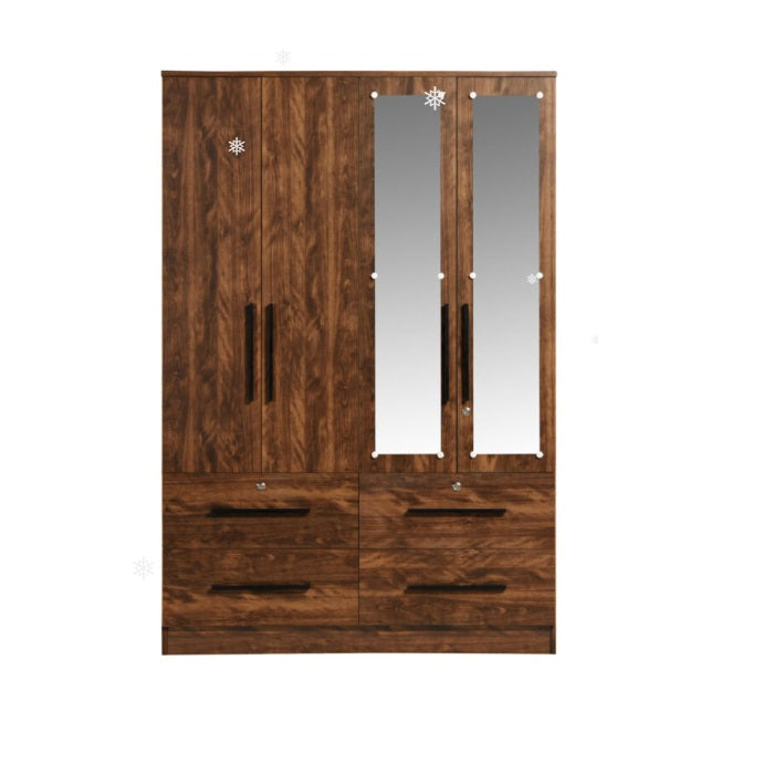 A stylish wooden wardrobe with four doors and an elegant mirror for added functionality.