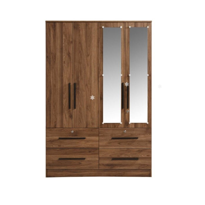 A stylish wooden wardrobe with four doors and an elegant mirror for added functionality.