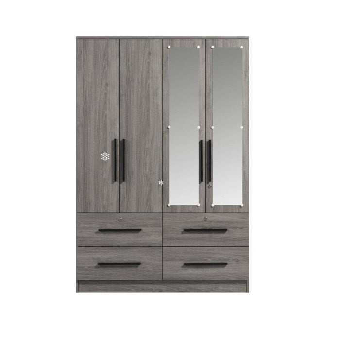 A stylish wooden wardrobe with four doors and an elegant mirror for added functionality.