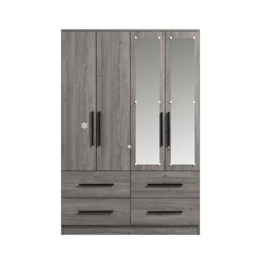 A stylish wooden wardrobe with four doors and an elegant mirror for added functionality.