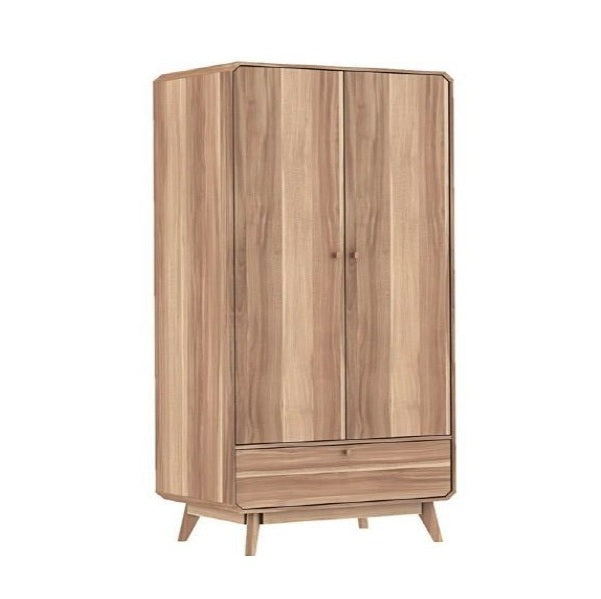 A wooden armoire featuring spacious drawers, showcasing a classic design and rich wood grain.