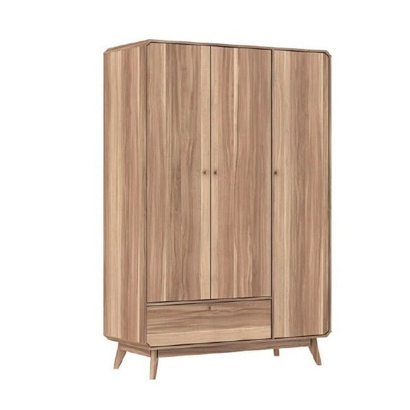 A wooden armoire featuring spacious drawers, showcasing a classic design and rich wood grain.