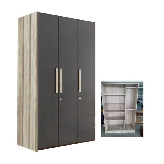Three door wardrobe cabinets featuring drawers, showcasing a classic design and natural finish.