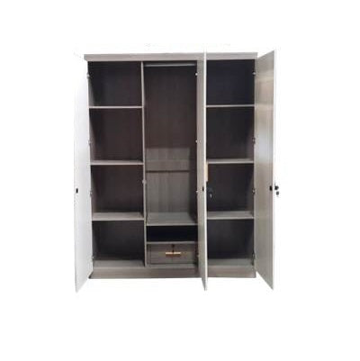 A three door stylish white cabinet adorned with gold trim and a sleek mirror.