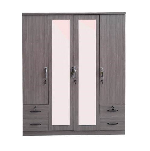A gray wardrobe featuring doors & drawer, providing ample storage space for clothing and accessories.