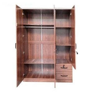 Three door wardrobe cabinets featuring drawers & a mirror, showcasing a classic design and walnut finish.