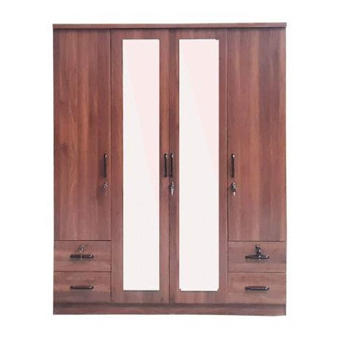 Four door wardrobe cabinets featuring drawers & a mirror, showcasing a classic design and walnut finish.
