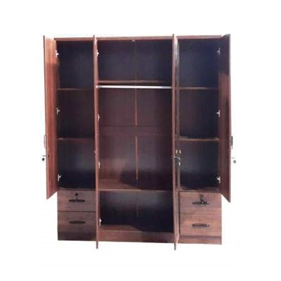 Four door wardrobe cabinets featuring drawers & a mirror, showcasing a classic design and walnut finish.