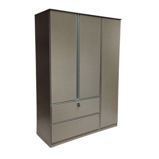 A wooden cabinet with three doors and two drawer, highlighting its elegant craftsmanship and functional storage.