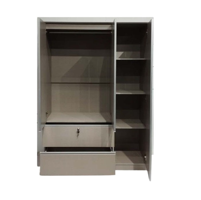 A wooden cabinet with three doors and two drawer, highlighting its elegant craftsmanship and functional storage.