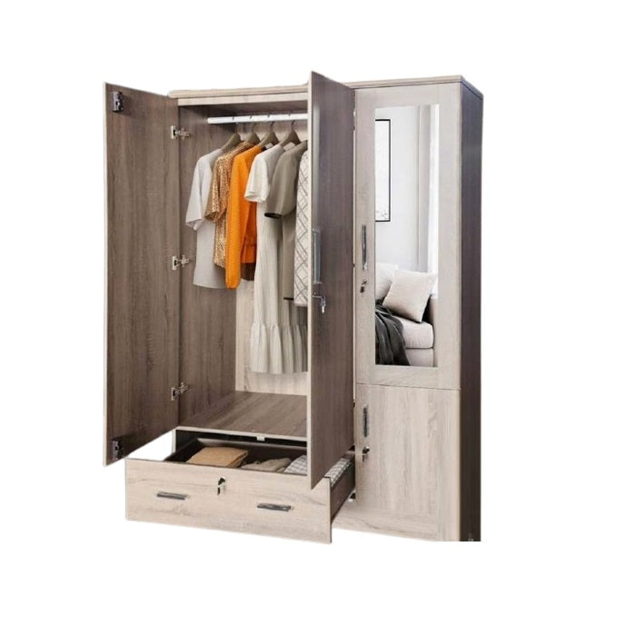 A wooden cabinet with four doors and one large drawer, highlighting its elegant craftsmanship and functional storage
