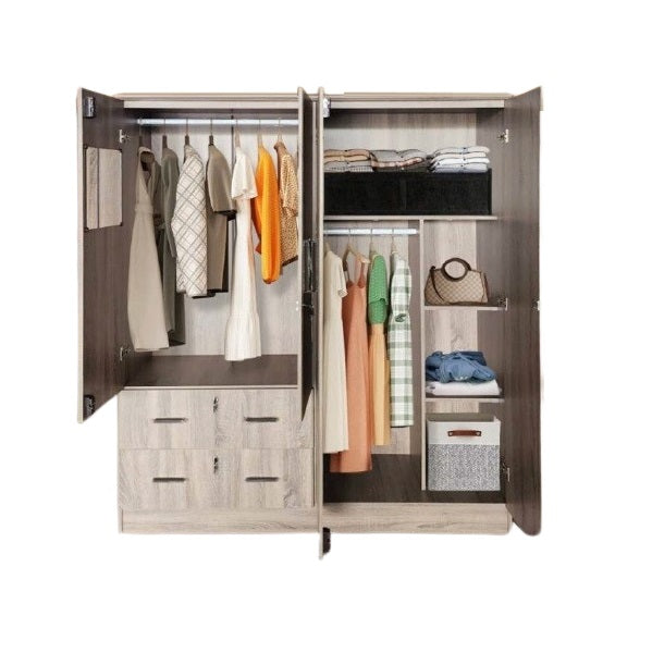 A wooden cabinet with four doors and two drawer, highlighting its elegant craftsmanship and functional storage.