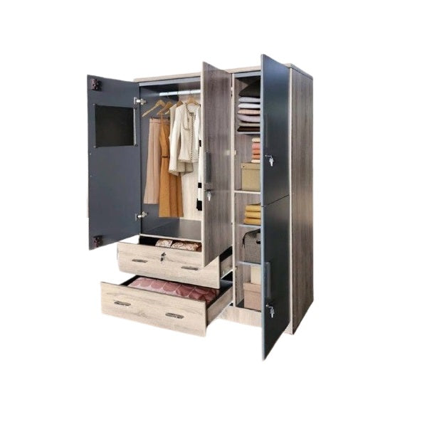 A wooden cabinet with four doors and four drawer, highlighting its elegant craftsmanship and functional storage.