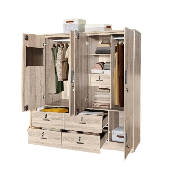 A wooden cabinet with four doors and four drawer, highlighting its elegant craftsmanship and functional storage.