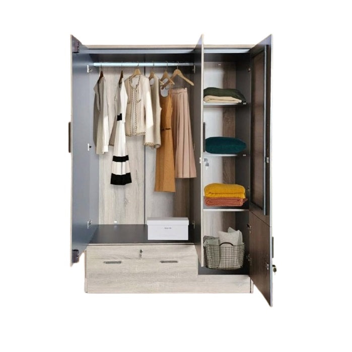 A wooden cabinet with four doors and one large drawer, highlighting its elegant craftsmanship and functional storage.