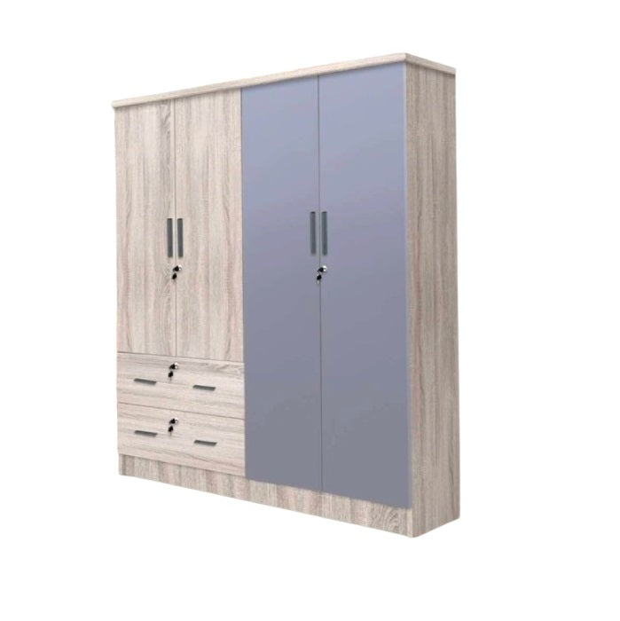 A wooden cabinet with four doors and two drawer, highlighting its elegant craftsmanship and functional storage.