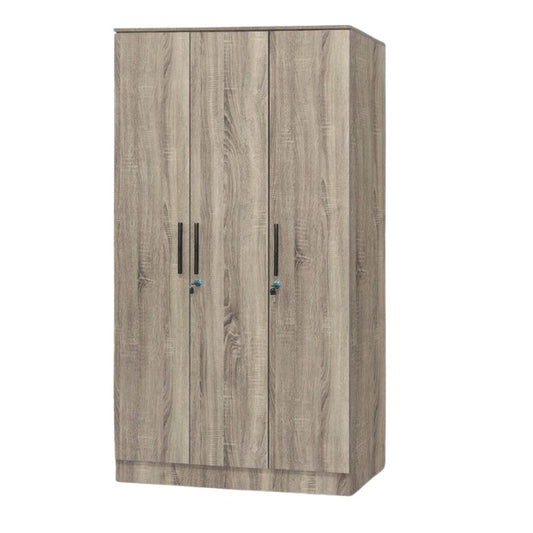 A wooden cabinet with three doors, highlighting its elegant craftsmanship and functional storage.