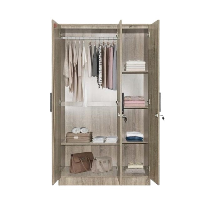 A wooden cabinet with three doors, highlighting its elegant craftsmanship and functional storage.