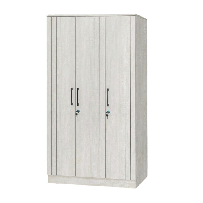 A wooden cabinet with three doors, highlighting its elegant craftsmanship and functional storage.